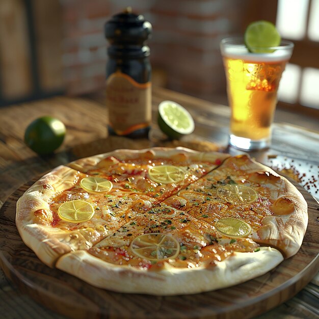 3d rendered photo of a pizza with fresh lime and lime on the top of the glass and putting some spice