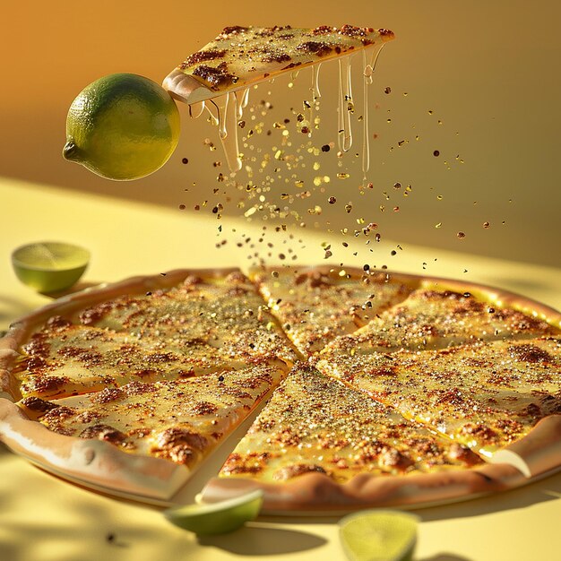 Photo 3d rendered photo of a pizza with fresh lime and lime on the top of the glass and putting some spice