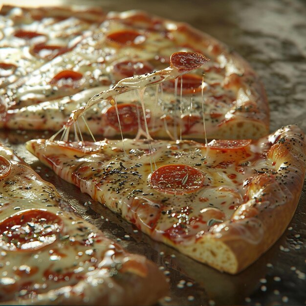 Photo 3d rendered photo of a pizza with a slice missing sits on a table