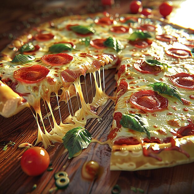 Photo 3d rendered photo of a pizza with a slice missing sits on a table