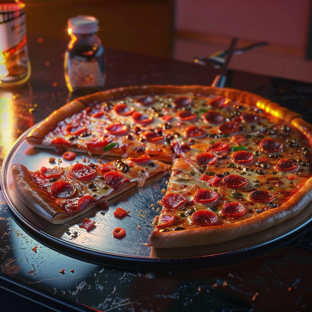 Photo 3d rendered photo of a pizza with a slice missing sits on a table