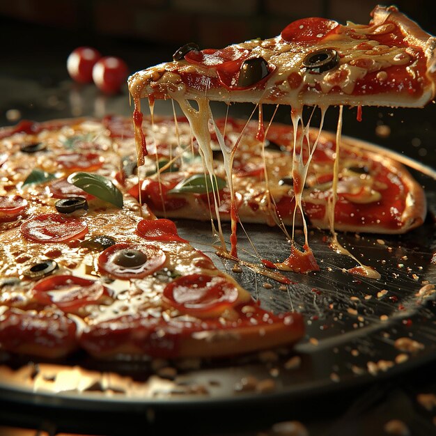 Photo 3d rendered photo of a pizza with a slice missing sits on a table