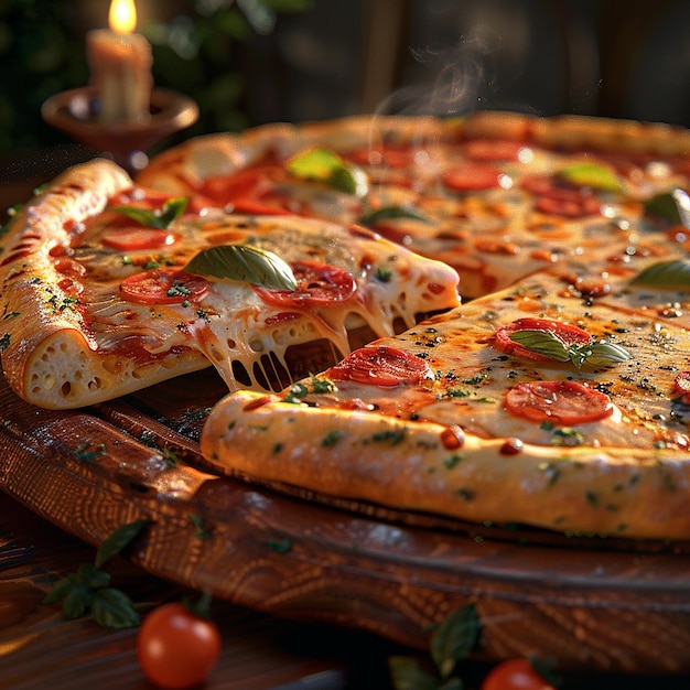 3d rendered photo of a pizza with a slice missing sits on a table