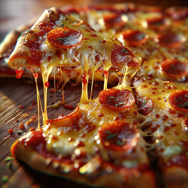 Photo 3d rendered photo of a pizza with a slice missing sits on a table