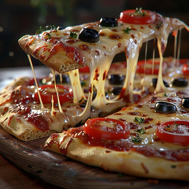 Photo 3d rendered photo of a pizza with a slice missing sits on a table