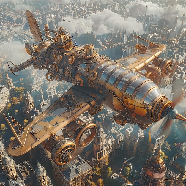 3d rendered photo of a plane with a gold frame is flying over a city