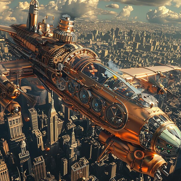 3d rendered photo of a plane with a gold frame is flying over a city