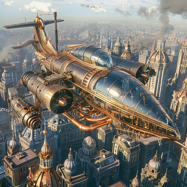 3d rendered photo of a plane with a gold frame is flying over a city