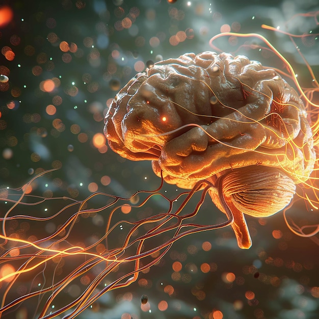 3d rendered photo of realistic human brain showing firing neurons and nerve extensions