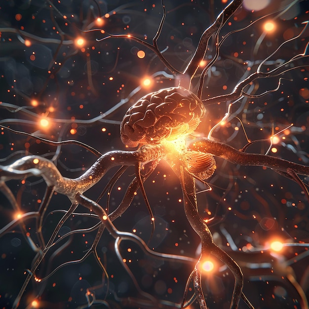 3d rendered photo of realistic human brain showing firing neurons and nerve extensions