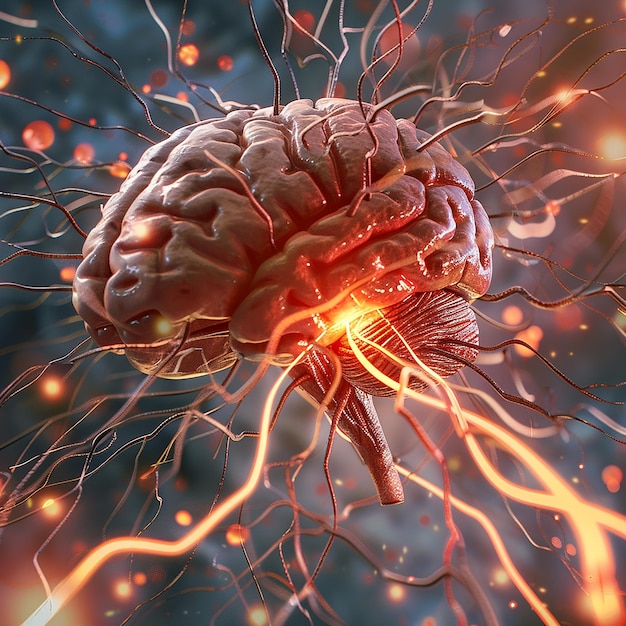 3d rendered photo of realistic human brain showing firing neurons and nerve extensions