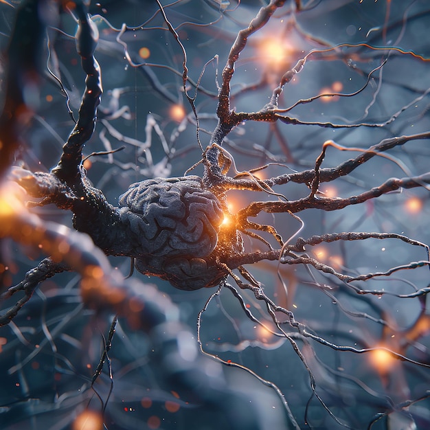 3d rendered photo of realistic human brain showing firing neurons and nerve extensions