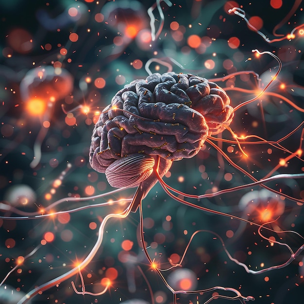 3d rendered photo of realistic human brain showing firing neurons and nerve extensions