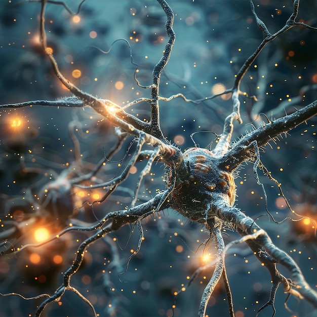 3d rendered photo of realistic human brain showing firing neurons and nerve extensions