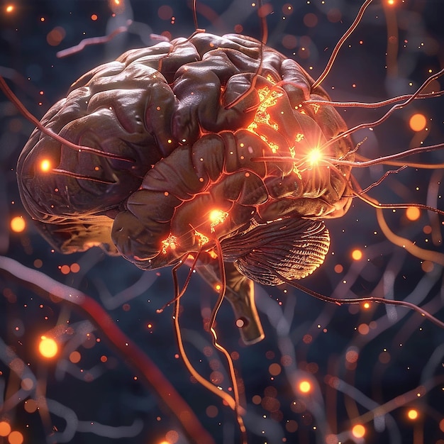 3d rendered photo of realistic human brain showing firing neurons and nerve extensions