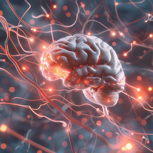 3d rendered photo of realistic human brain showing firing neurons and nerve extensions