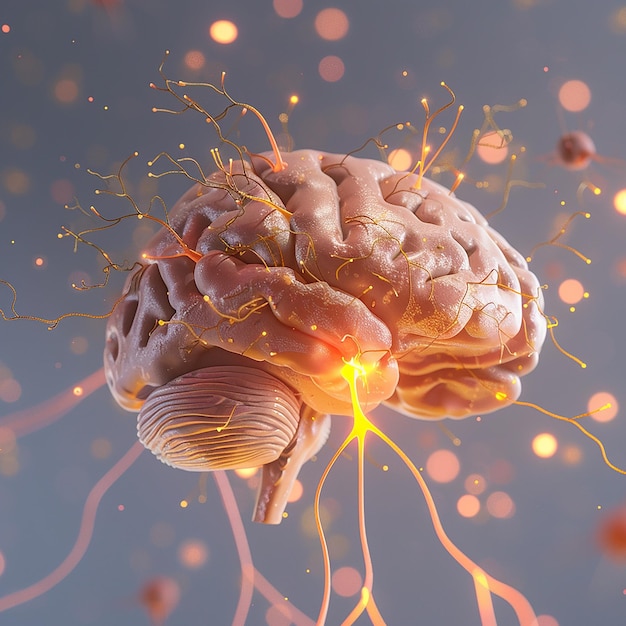 3d rendered photo of realistic human brain showing firing neurons and nerve extensions