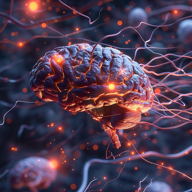 3d rendered photo of realistic human brain showing firing neurons and nerve extensions