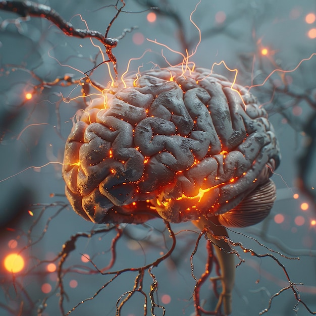 3d rendered photo of realistic human brain showing firing neurons and nerve extensions