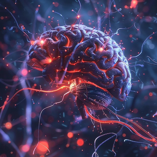 3d rendered photo of realistic human brain showing firing neurons and nerve extensions