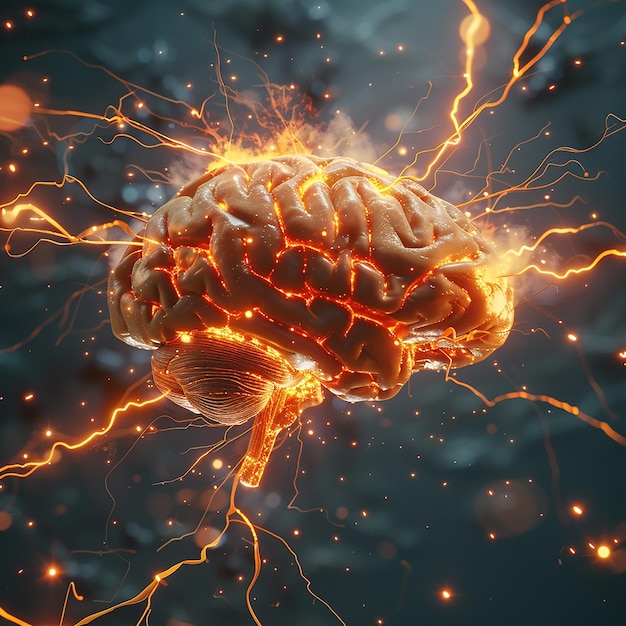 3d rendered photo of realistic human brain showing firing neurons and nerve extensions