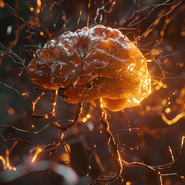 3d rendered photo of realistic human brain showing firing neurons and nerve extensions