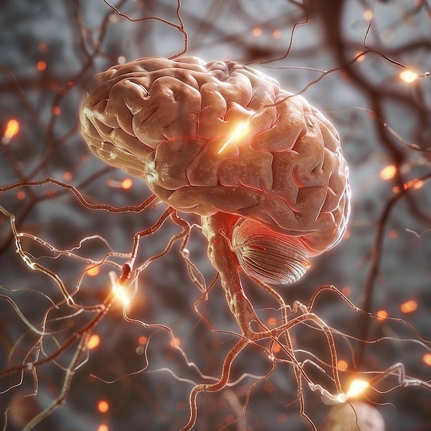 3d rendered photo of realistic human brain showing firing neurons and nerve extensions