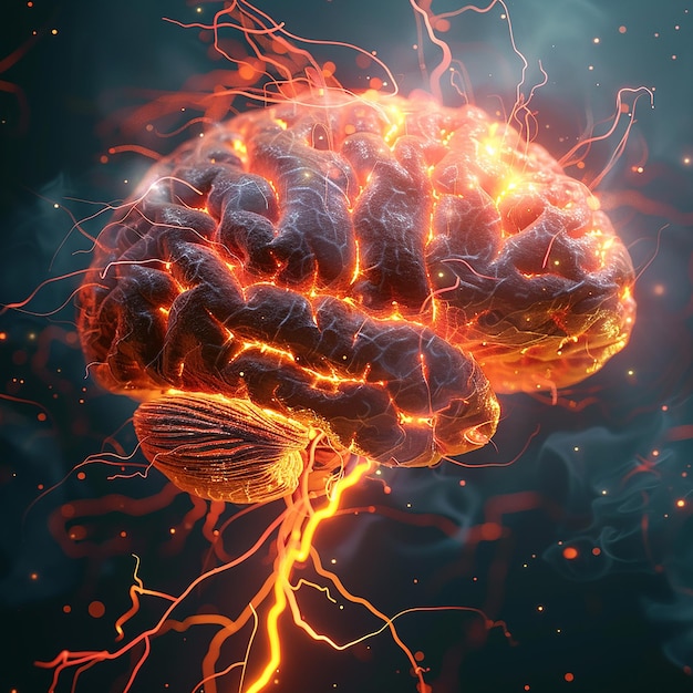 3d rendered photo of realistic human brain showing firing neurons and nerve extensions