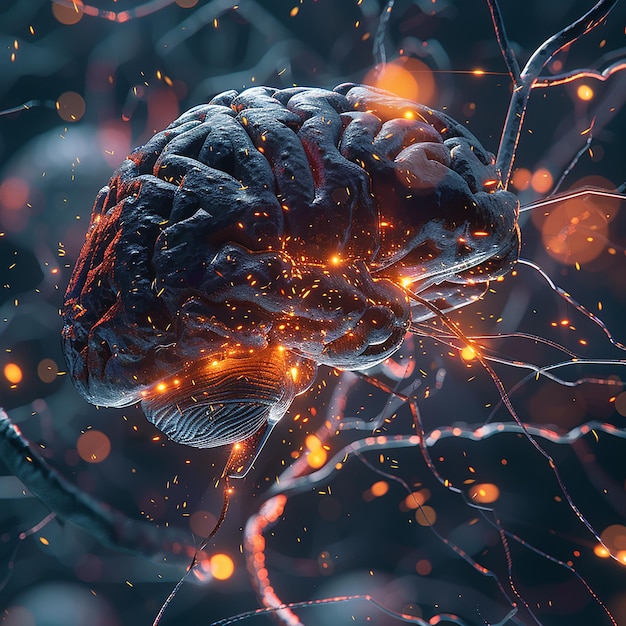 3d rendered photo of realistic human brain showing firing neurons and nerve extensions