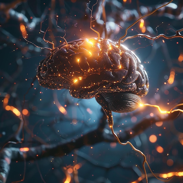 3d rendered photo of realistic human brain showing firing neurons and nerve extensions