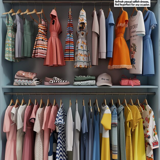 Photo 3d rendered photo of refresh wardrobe with latest collection from casual tees to stylish dresses