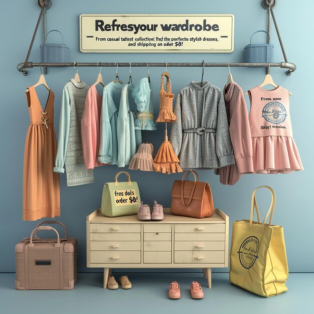 Photo 3d rendered photo of refresh wardrobe with latest collection from casual tees to stylish dresses