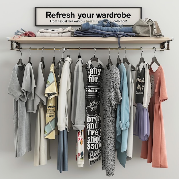 Photo 3d rendered photo of refresh wardrobe with latest collection from casual tees to stylish dresses