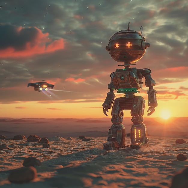 Photo 3d rendered photo of a robot is standing in front of a sunset with a plane flying in the background