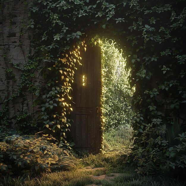 Photo 3d rendered photo of secret door overgrown with ivy and keyhole emitting a mysterious golden light