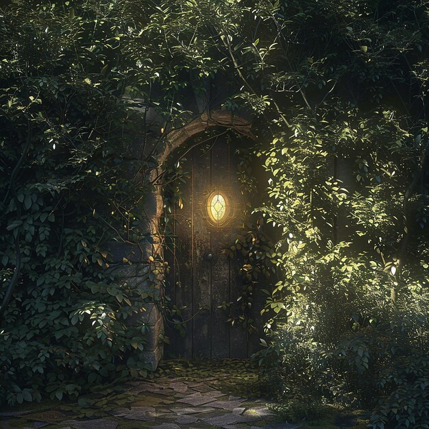 Photo 3d rendered photo of secret door overgrown with ivy and keyhole emitting a mysterious golden light