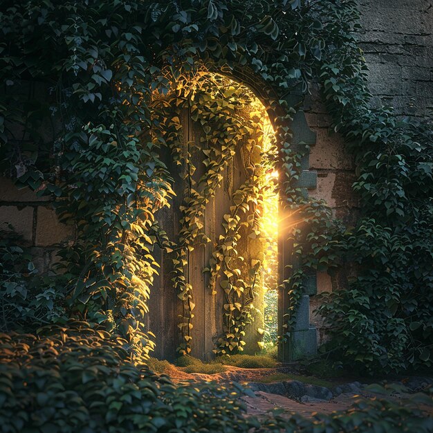 3d rendered photo of secret door overgrown with ivy and keyhole emitting a mysterious golden light