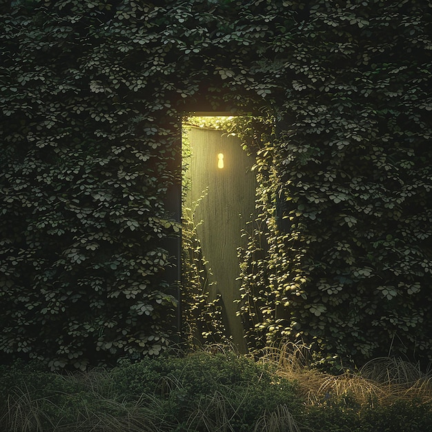 Photo 3d rendered photo of secret door overgrown with ivy and keyhole emitting a mysterious golden light