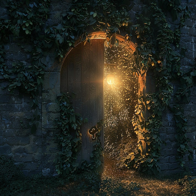 Photo 3d rendered photo of secret door overgrown with ivy and keyhole emitting a mysterious golden light