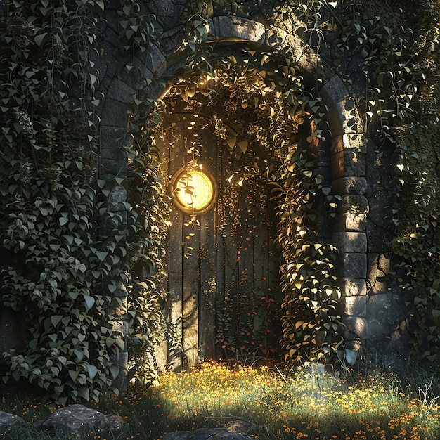 Photo 3d rendered photo of secret door overgrown with ivy and keyhole emitting a mysterious golden light