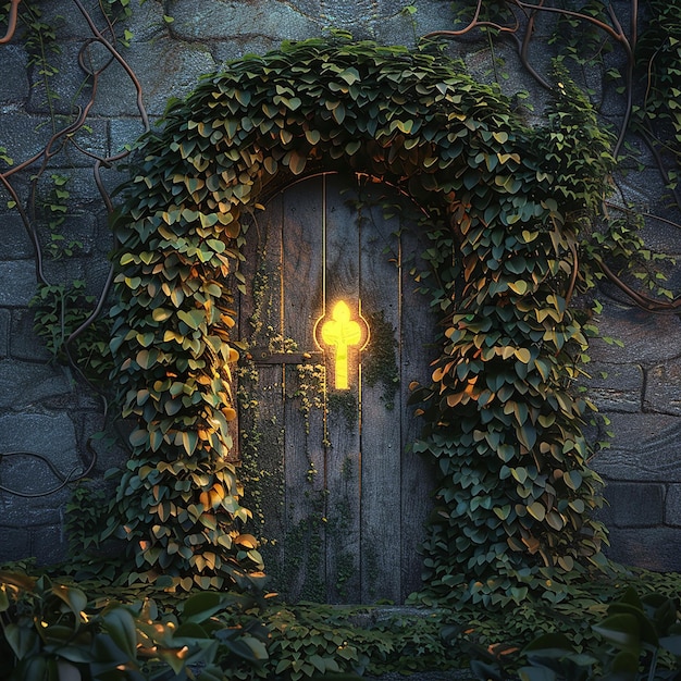 3d rendered photo of secret door overgrown with ivy and keyhole emitting a mysterious golden light