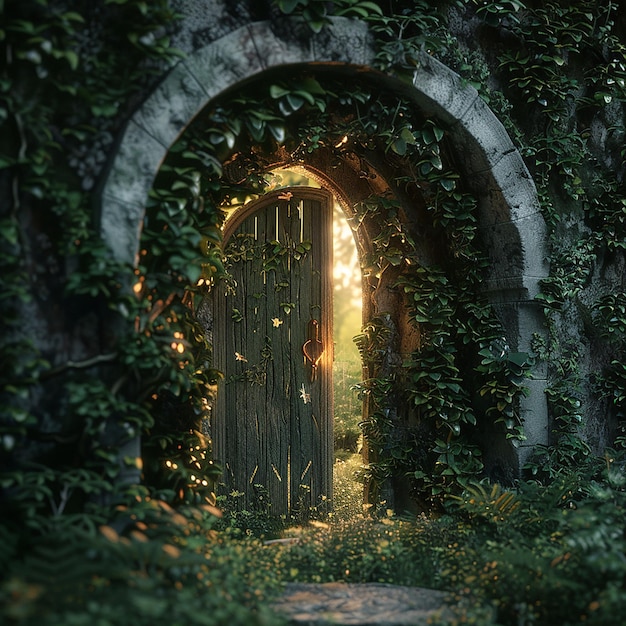 Photo 3d rendered photo of secret door overgrown with ivy and keyhole emitting a mysterious golden light