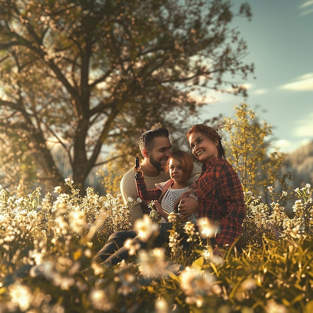 3d rendered photo of Shot of a young family taking a selfie while spending time in nature