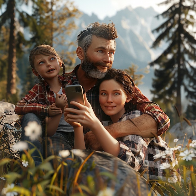 3d rendered photo of Shot of a young family taking a selfie while spending time in nature