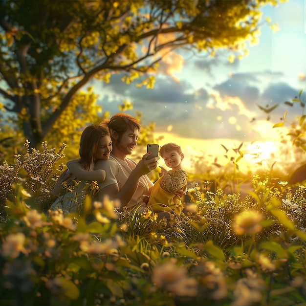 3d rendered photo of Shot of a young family taking a selfie while spending time in nature