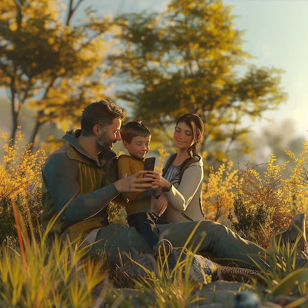 3d rendered photo of Shot of a young family taking a selfie while spending time in nature