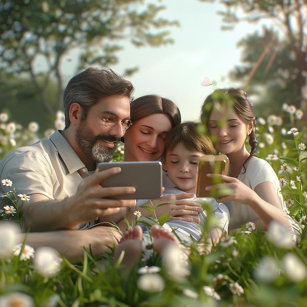 3d rendered photo of Shot of a young family taking a selfie while spending time in nature