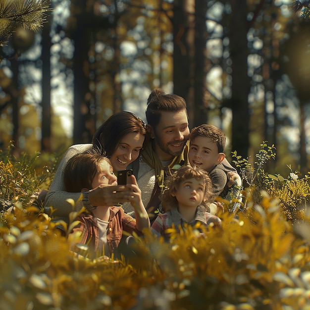 3d rendered photo of Shot of a young family taking a selfie while spending time in nature