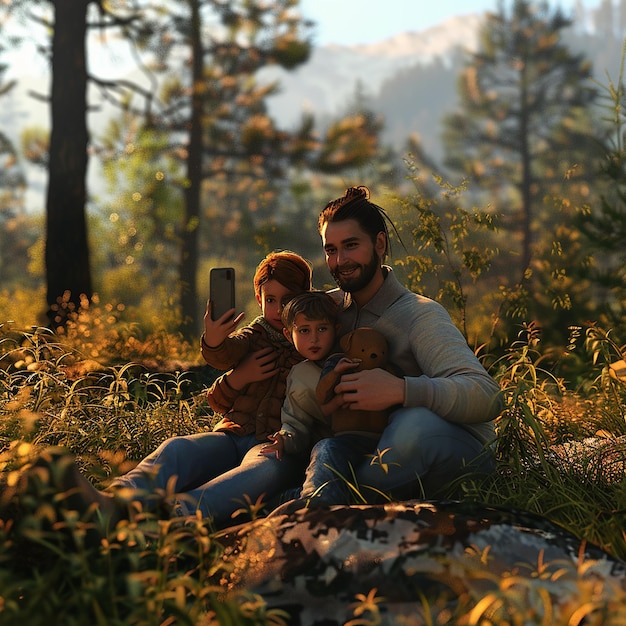 Photo 3d rendered photo of shot of a young family taking a selfie while spending time in nature