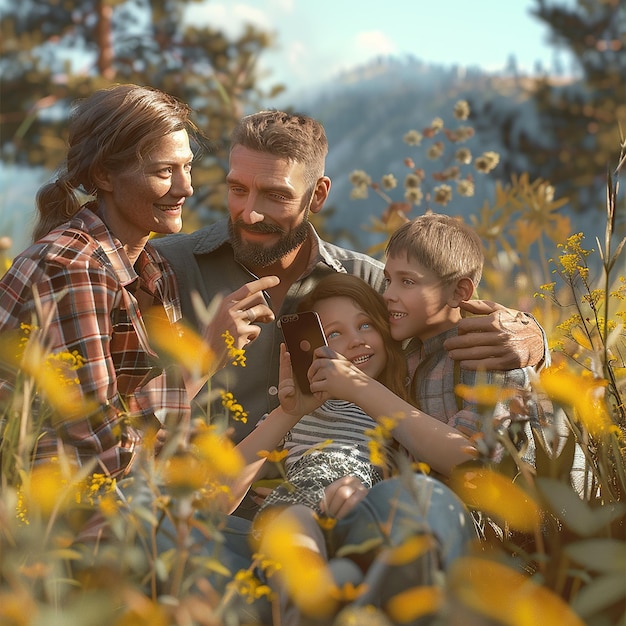 Photo 3d rendered photo of shot of a young family taking a selfie while spending time in nature